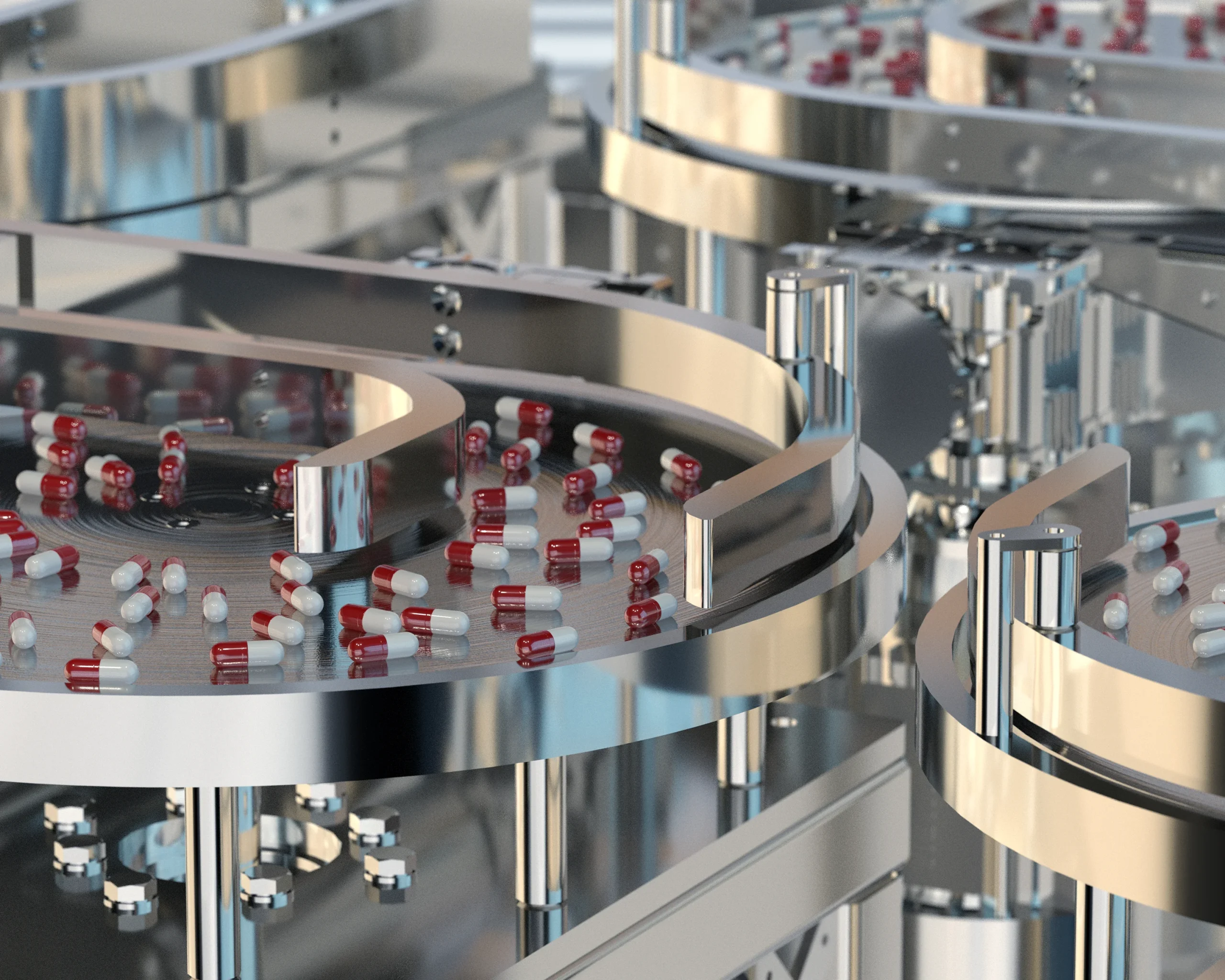 This image depicts a pharmaceutical industry factory, where a conveyor belt is carrying a multitude of pills