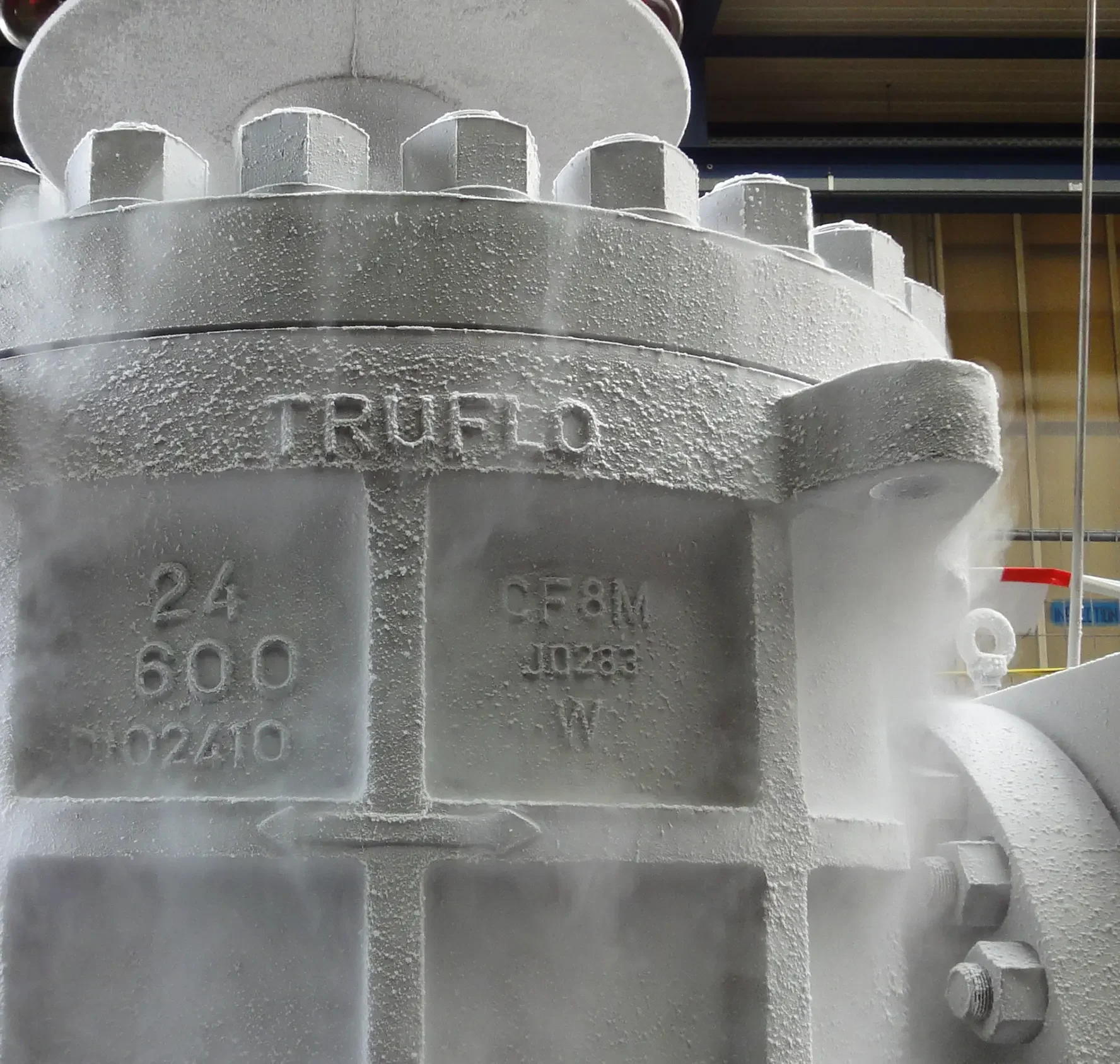 A large IMI Truflo Rona valve being tested under cryogenic conditions, ensuring its functionality in extreme temperature environments.