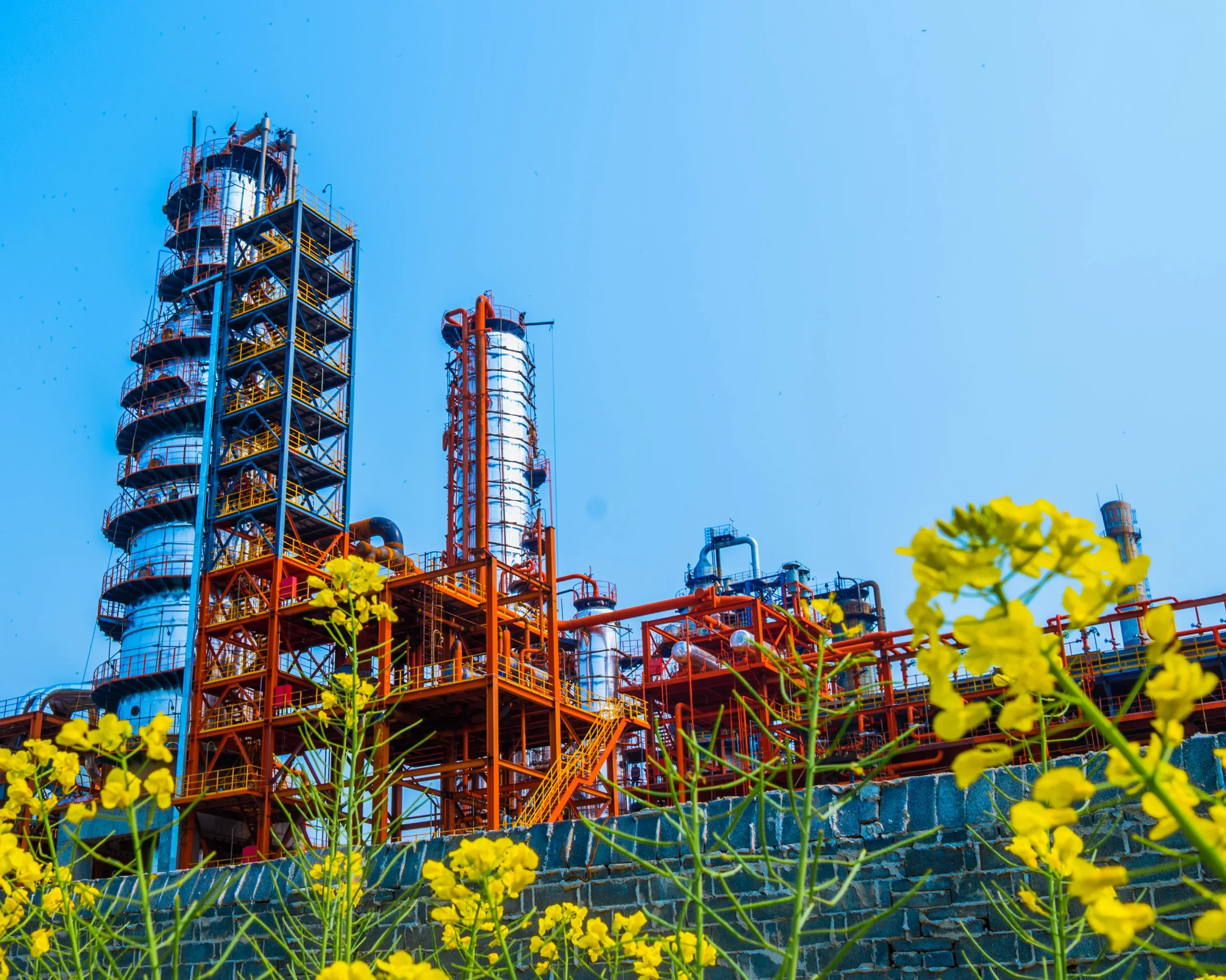 Vibrant refinery shines in sunlight amidst a picturesque field of blooming flowers, creating a striking contrast of nature and industry.